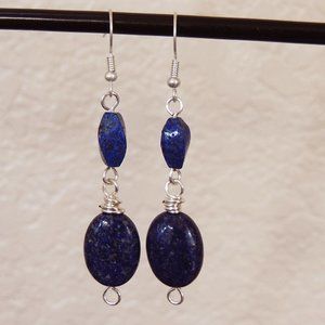 Sterling Silver Navy Blue Wire Wrapped Lapis Lazuli Dangle Earrings